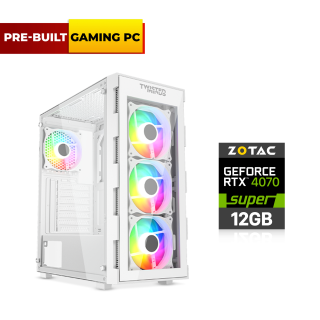 Pre-Built Gaming PC i7-14700F, Gigabyte B760 WiFi DDR5 Motherboard, 32GB DDR5 RAM, 1TB NVMe SSD, ZOTAC RTX 4070 Super 12GB White VGA, L240 Liquid Cooler White, 850 WATT PSU, Twisted Minds Titan Mid-Tower Case White With 3x RGB Fans, Windows 11 Pro License