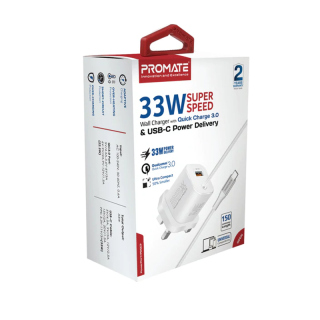 Promate 33W Super Speed Wall Charger with Quick Charge 3.0 & USB-C Power Delivery White